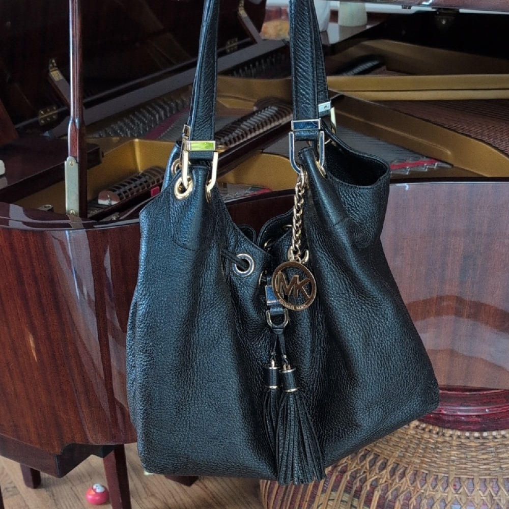 Michael Kors Black Pebbled Leather Satchel With Gold Hardware